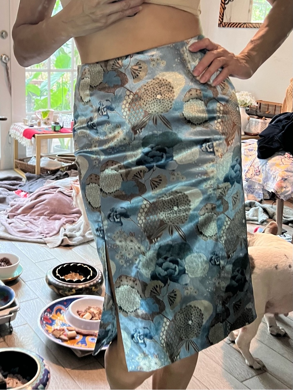 Caroll Blue Floral Brocade Midi Skirt like New!!